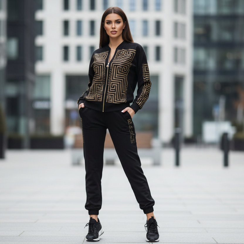 0024 Paparazzi jogging femme de luxe deux pièces logo, géométrique sur tout le devant de la veste et sur le côté du pantalon, le pantalon est resserré en bas 