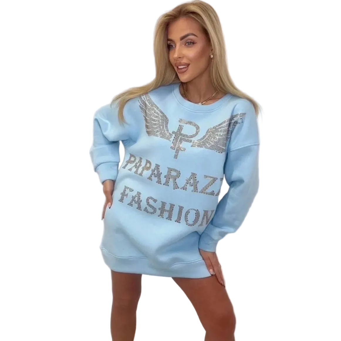 0062 PAPARAZZI Robe tunique en sweat avec des motifs et des inscriptions de la marque en strass dorés très confortable et agréable à porter 