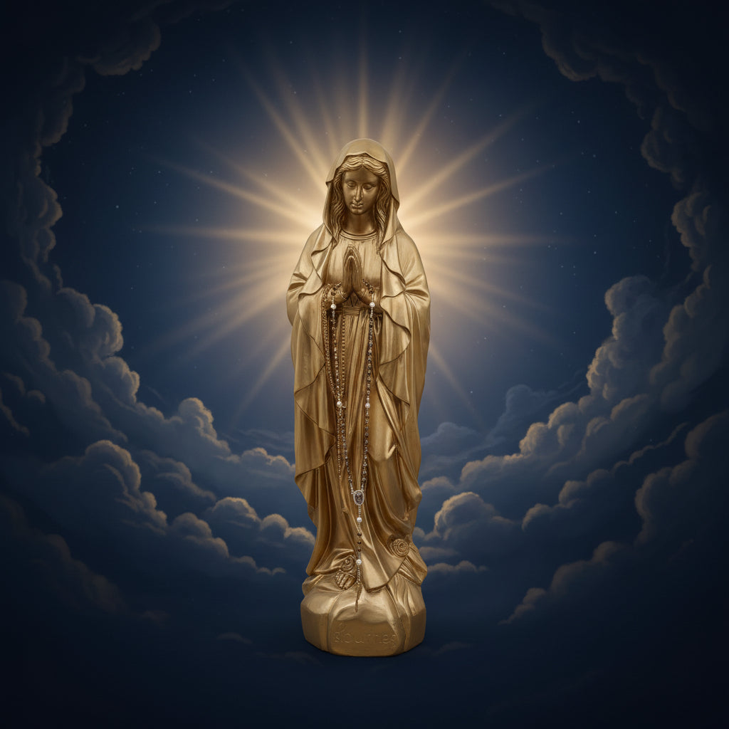 superbe statue dorée de la vierge marie en prière avec chapelet artisanal fait main - oeuvre d&
