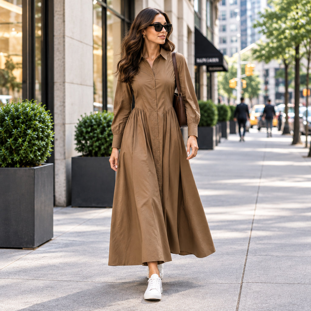 Robe chemise VA9013 – robe longue femme camel marron en matière extensible, col classique, boutonnage intégral, taille cintrée et jupe évasée plissée, style élégant pour la ville