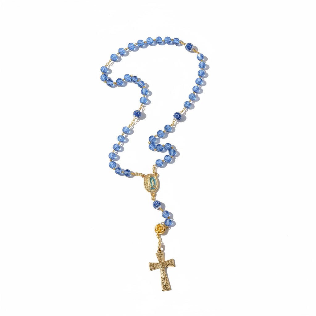 chapelet doré en acier inoxydable avec perles swarovski bleues de haute qualité, médaille miraculeuse de lourdes contenant de l&