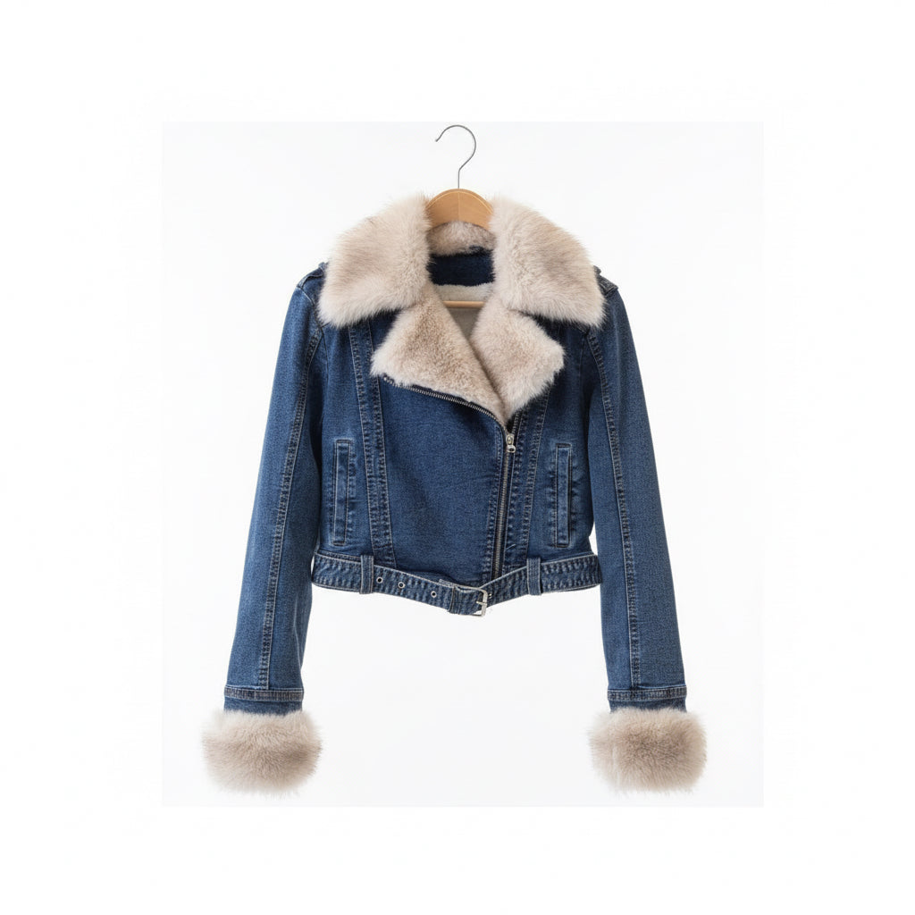 Perfecto denim 001 – veste courte femme en jean bleu délavé avec col et poignets en fausse fourrure beige, fermeture zippée asymétrique et ceinture ajustable, style rock chic automne hiver