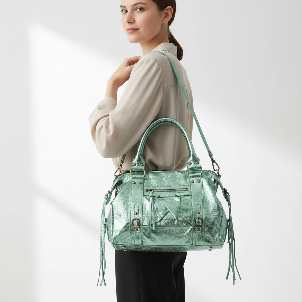 256 SAC SIMILICUIR sac à main iconique en simili cuir métallisé style rock-chic – finition miroir avec clous et lanières – look city audacieux en vert givré ou argent sidéral – porté main ou bandoulière – l&