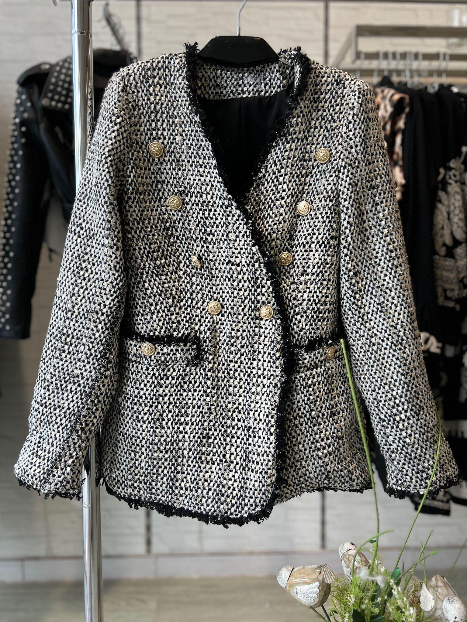 POPUP O29 Veste Blazer Blanche et Noire Demi Saison Double Boutonnage Liseré Noir Poches et Poignées pour Looks Semi-Formels