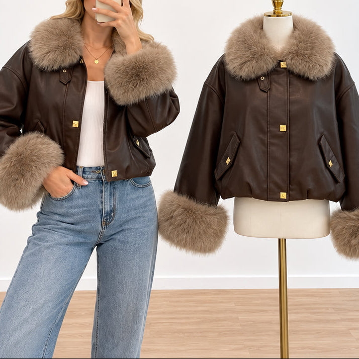 Blouson fourrure DA1100B / DA1100D – veste courte femme en similicuir avec col et poignets en fausse fourrure contrastée, coupe oversize et boutons dorés pièce de saison à associer avec un jean ou un pantalon ajusté pour un look urbain