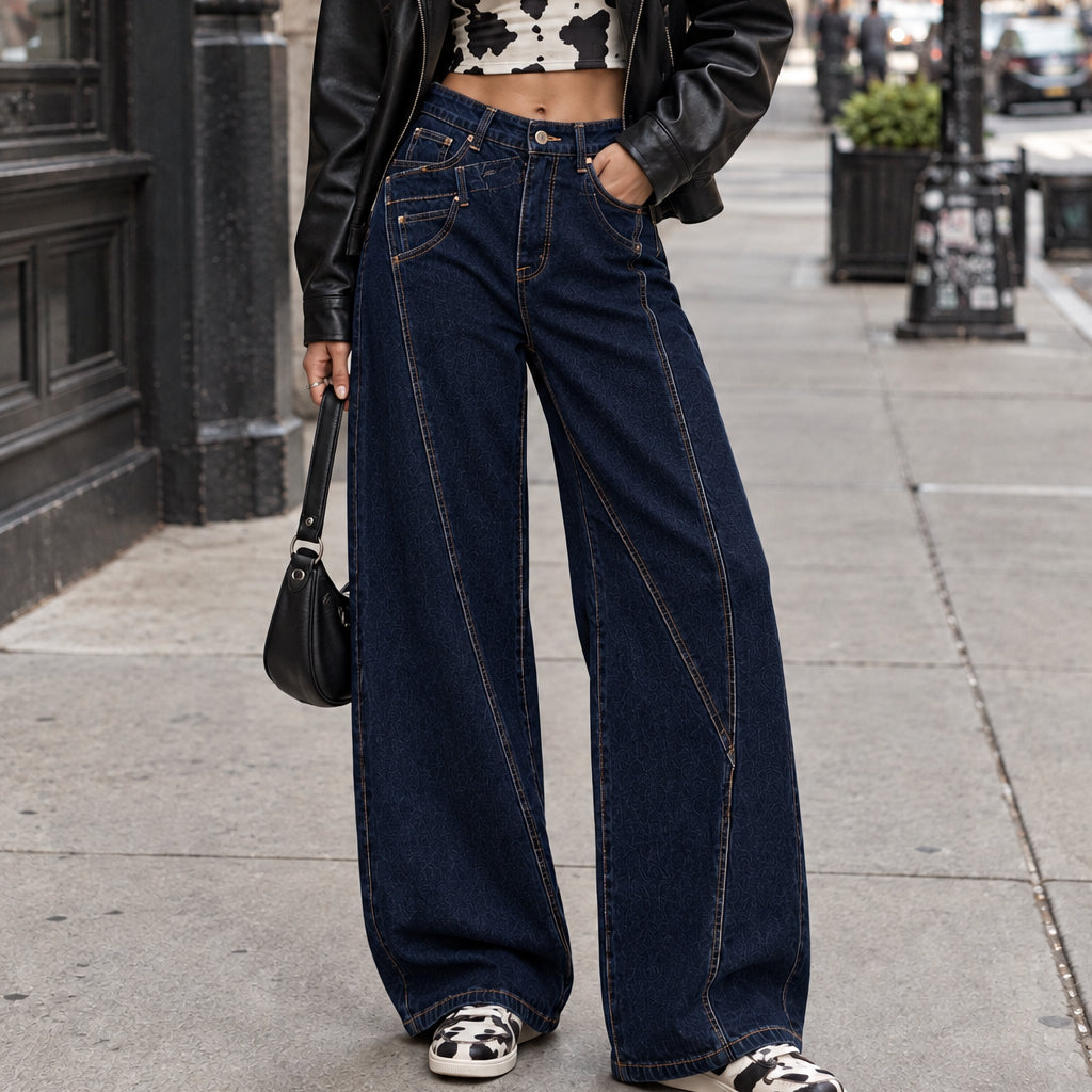 Jean asymétrique YW1668 – jean balloon femme en denim délavé avec taille haute croisée à boutons et jambes larges arrondies, style streetwear chic pour le quotidien