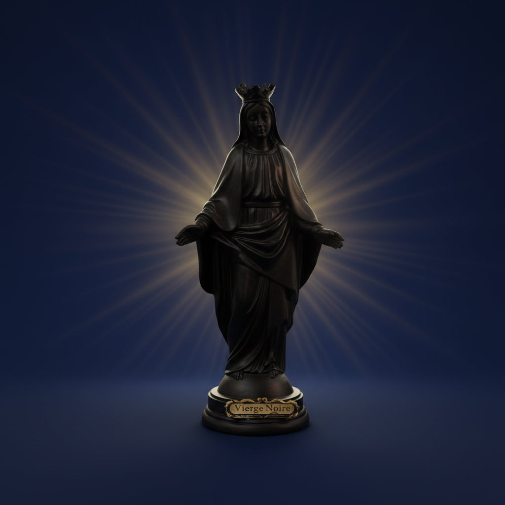 statuette religieuse de la vierge noire de 21 cm bénie par un prêtre de lourdes, passée sous la grotte des apparitions, objet spirituel chargé de dévotion mariale authentique en provenance directe de lourdes