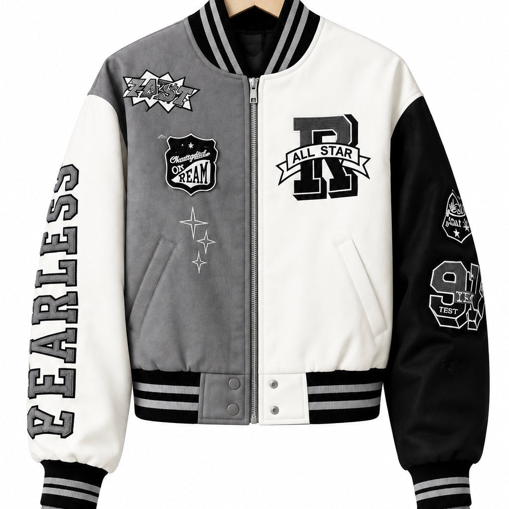 Bomber varsity DA0979 – blouson teddy tricolore gris blanc noir avec écussons brodés, inscription FEARLESS sur la manche et finitions bord-côte rayées, style streetwear rétro
