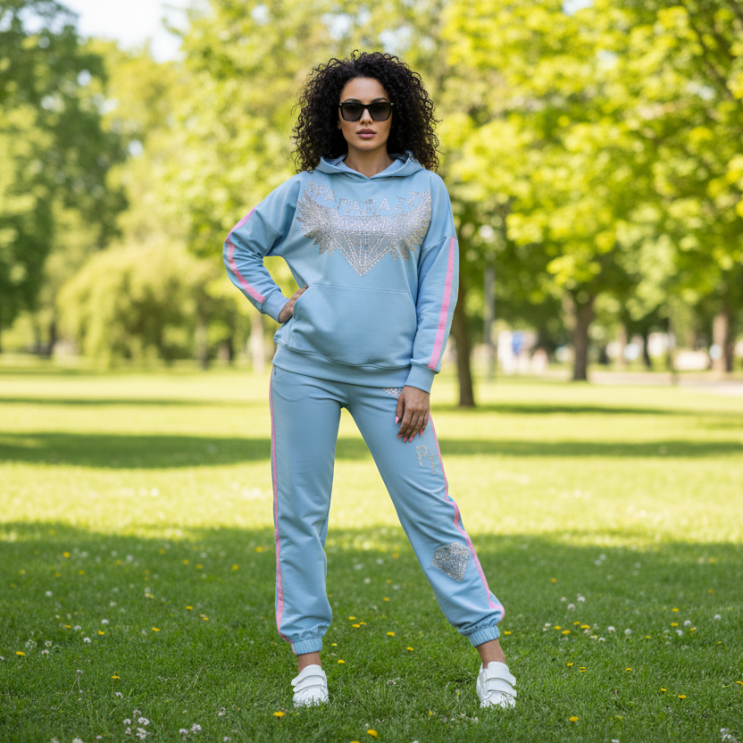 0074 PAPARAZZI ensemble jogging chic paparazzi à strass et diamants - haut à capuche et pantalon avec bandes roses contrastées - disponible en bleu ciel et noir profond - style streetwear de luxe et confort premium