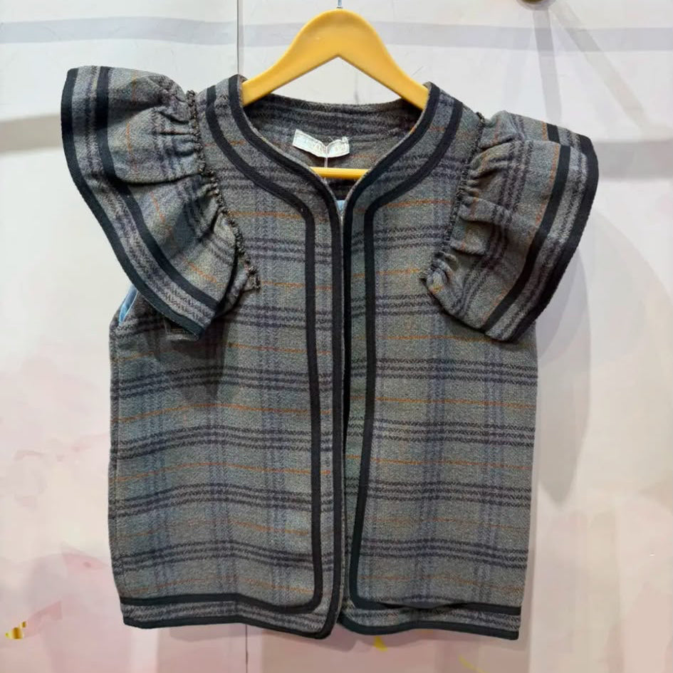 Gilet volanté 82162 – gilet sans manches gris à carreaux avec volants plissés aux épaules et bordures noires contrastées, coupe ouverte pour superposer sur une blouse ou un haut uni