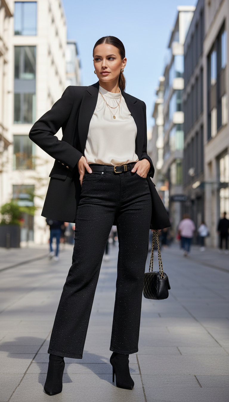 5885 JEANS NOIR TAILLE46 STRASS DEVANT. STRECH TAILLE TRES BIEN TAILLE HAUTE