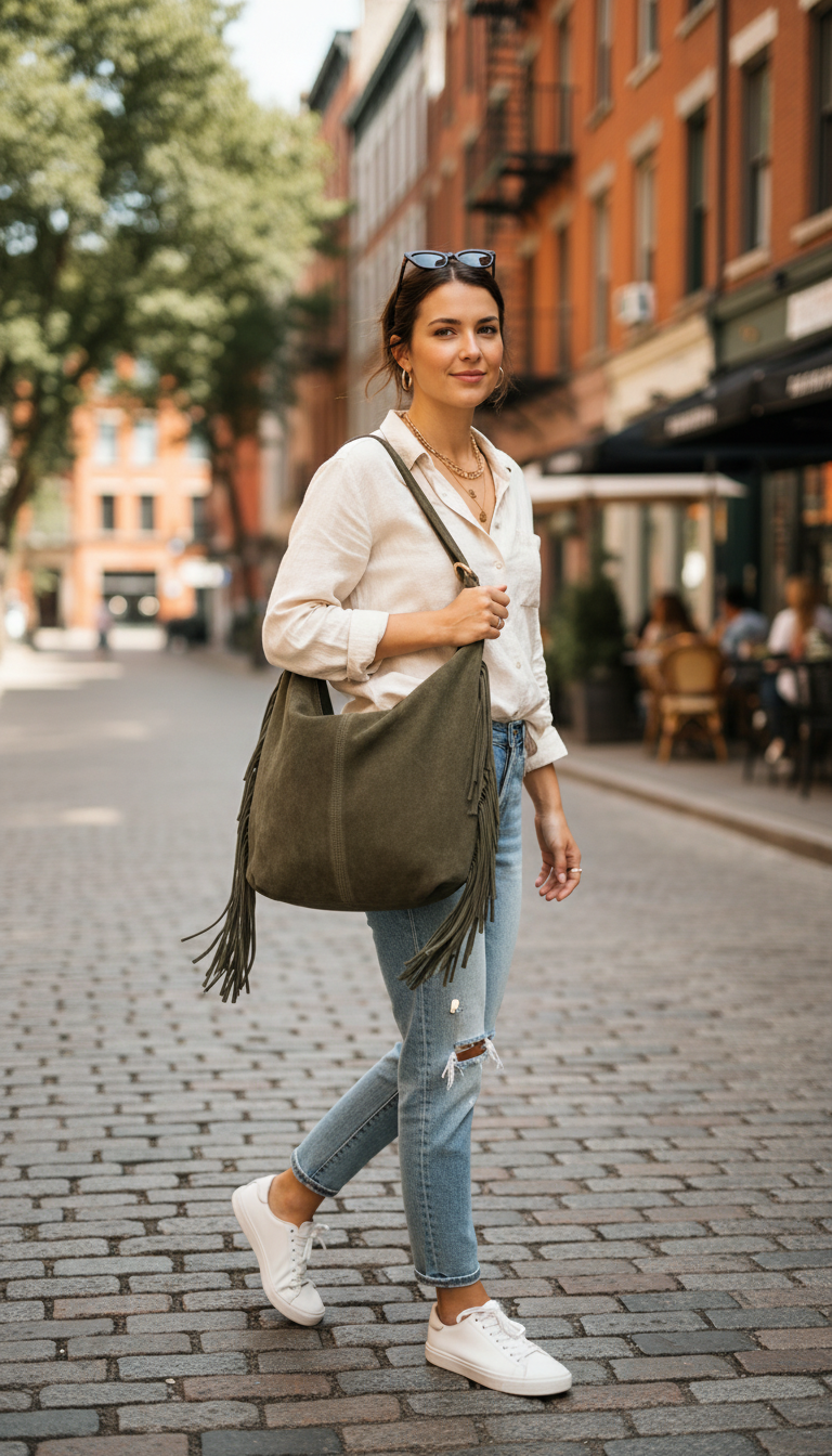 Sac EN DAIM à Franges en KAKIE pour Femme Style Bohème Chic avec Poignée Robuste Idéal pour Courses et Sorties
