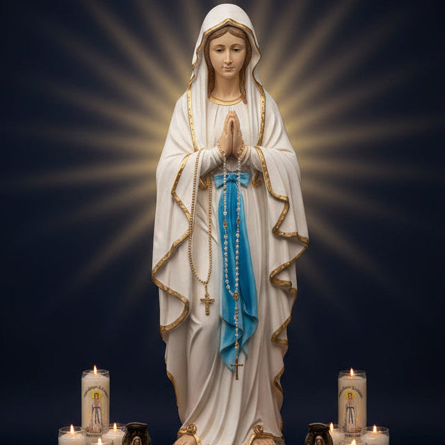 statue notre-dame de lourdes 120 cm sur socle bénie et passée sous la grotte visage paisible voile blanc dore robe blanche ceinture bleue grand chapelet dore oratoire collection priere tres belle taille