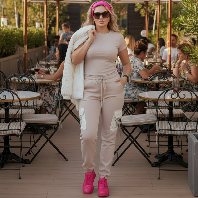 9126 TATU JOGGING 3 PIÈCES Tenue de Jogging Beige Élégante avec Pantalon à Poches Doudoune en Strass Dorés et Tee-shirt Uni