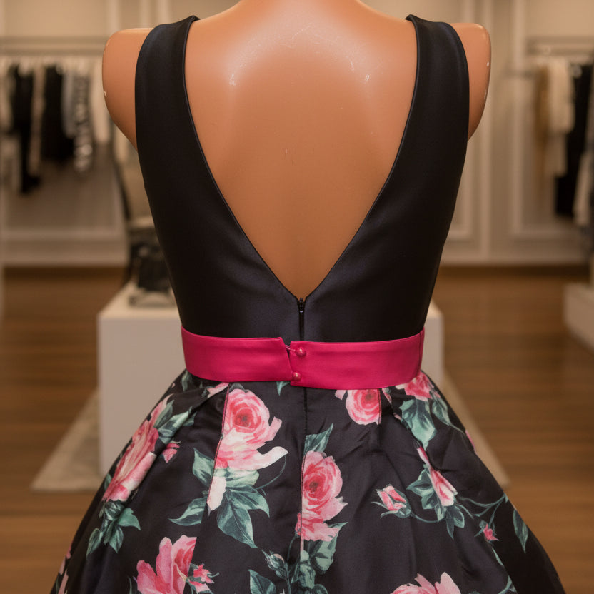 ROBE PATINEUSE ÉLÉGANTE en tissu brillant avec haut noir décolleté en V et jupe motifs roses fuchsia pour occasions spéciales