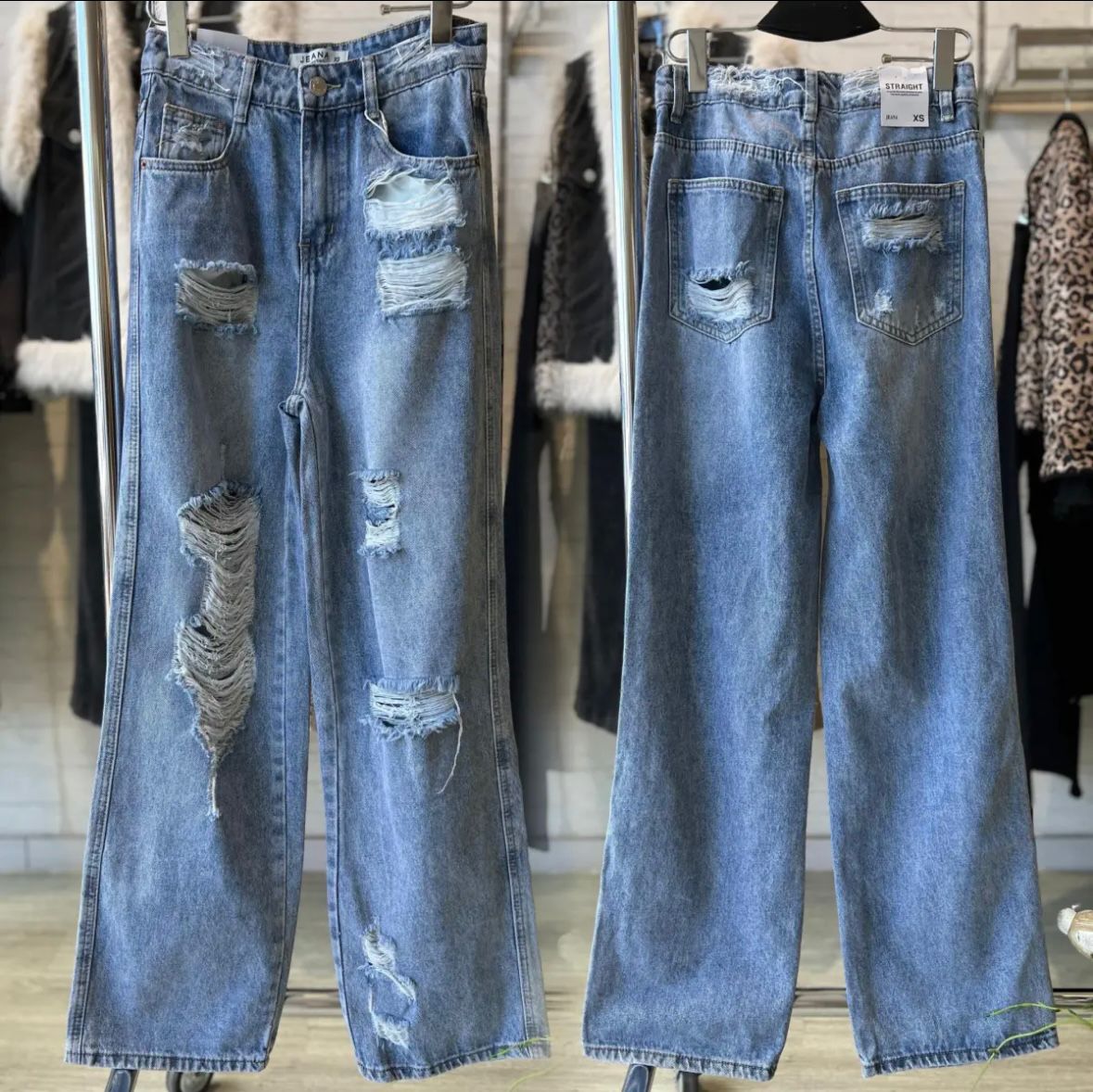 JEANS 6033 bleu clair large pour femme à trous style déchiré décontracté - pantalon denim coupe droite jambes larges et taille haute mode vintage streetwear - jean confortable avec poches arrière usées - look tendance été automne