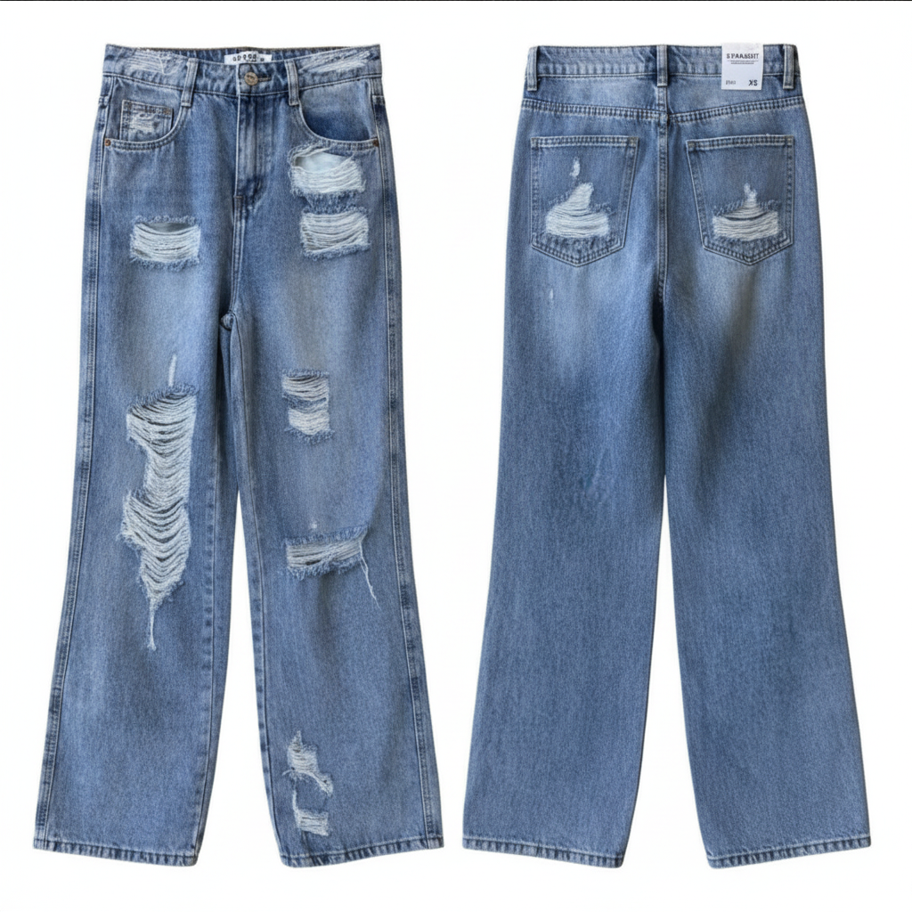 JEANS 6033 bleu clair large pour femme à trous style déchiré décontracté - pantalon denim coupe droite jambes larges et taille haute mode vintage streetwear - jean confortable avec poches arrière usées - look tendance été automne