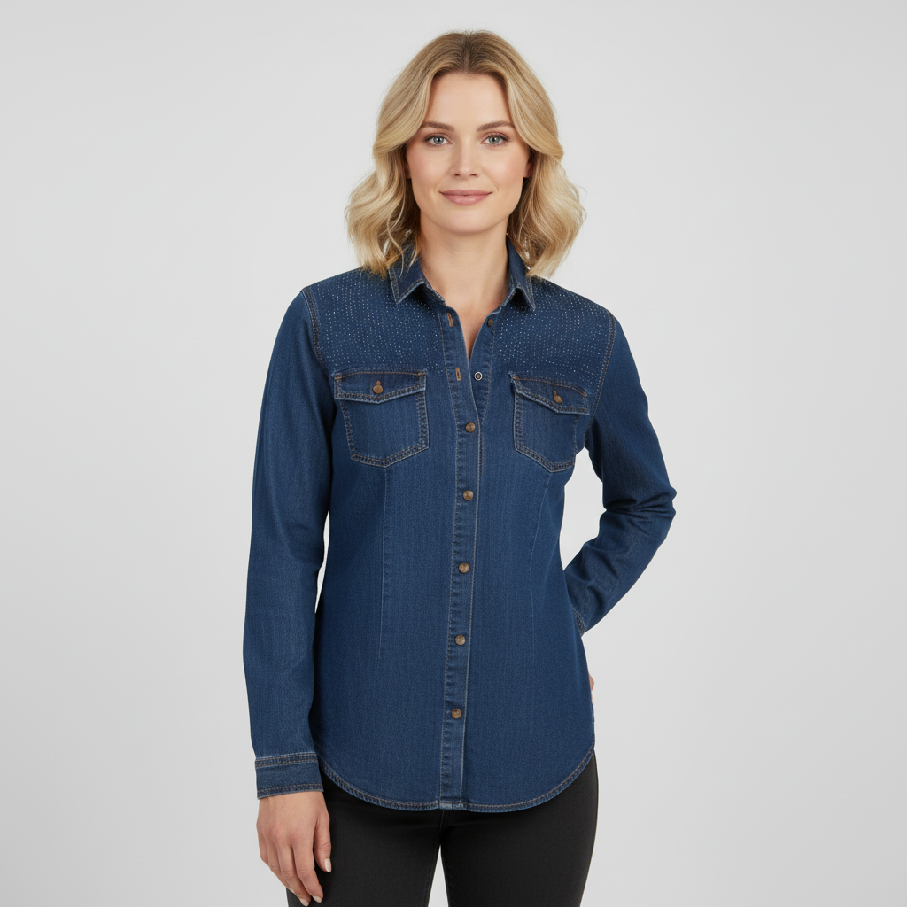 176 Chemise Jeans avec Clous Décoratifs sur les Épaules et Boutonnage Innovant pour un Style Distinctif et Confortable
