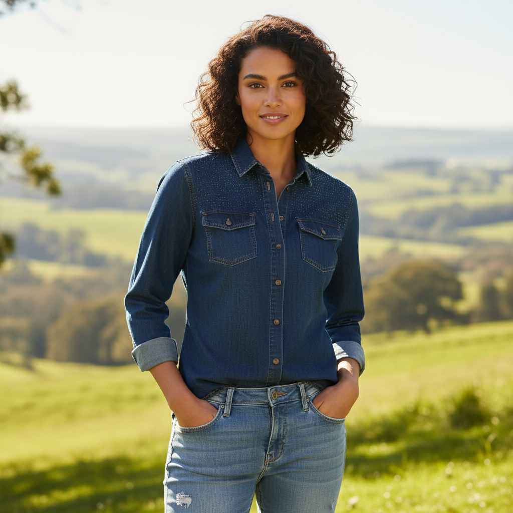 176 Chemise Jeans avec Clous Décoratifs sur les Épaules et Boutonnage Innovant pour un Style Distinctif et Confortable