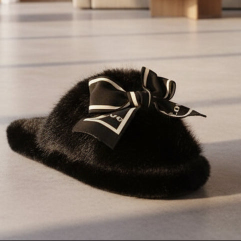 JCG2 Chaussons Doux et Confortables en Fourrure Synthétique Noir Beige Marron Ruban Imprimé Love pour Chaleur Confort et Style à la Maison