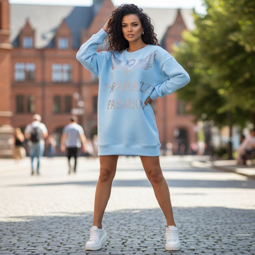 0062 PAPARAZZI Robe tunique en sweat avec des motifs et des inscriptions de la marque en strass dorés très confortable et agréable à porter 