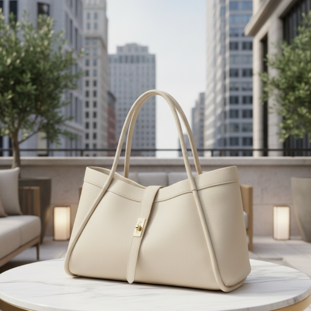 SAC A MAIN 5934 L’élégance intemporelle ces sacs présentent un design radicalement différent : un cuir grainé, une forme trapèze souple, une fermeture par bride centrale avec un fermoir rotatif métallique et un intérieur contrasté 42cmL/24cmH/18cmP