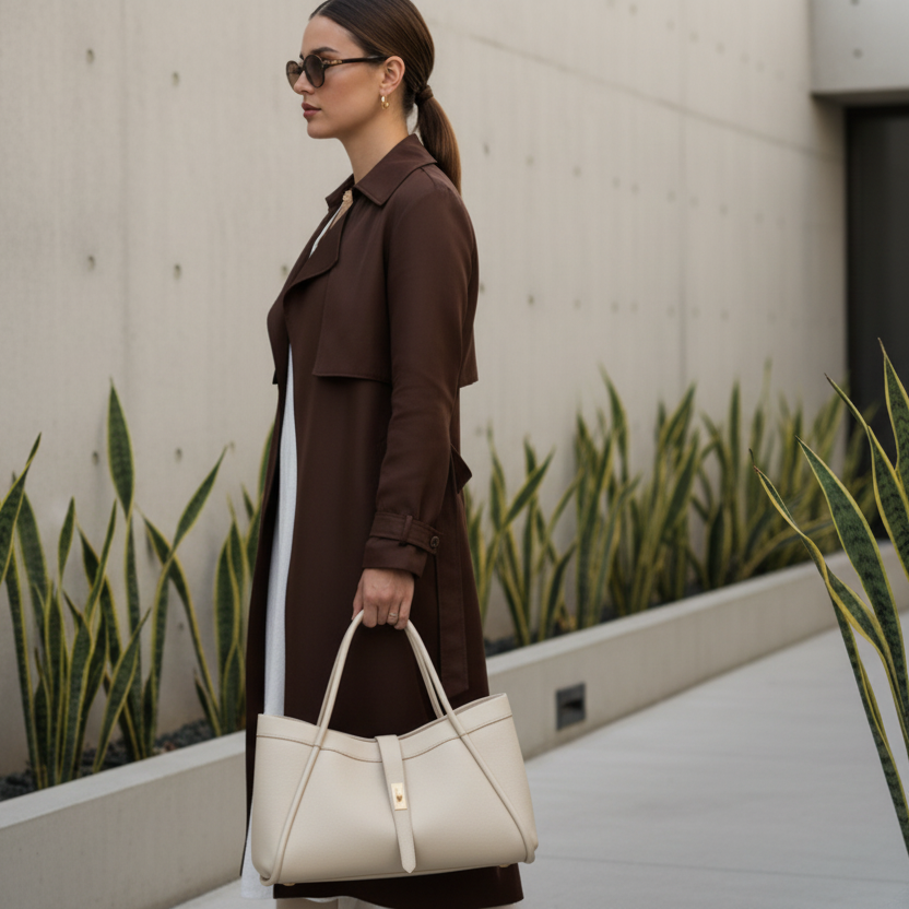SAC A MAIN 5934 L’élégance intemporelle ces sacs présentent un design radicalement différent : un cuir grainé, une forme trapèze souple, une fermeture par bride centrale avec un fermoir rotatif métallique et un intérieur contrasté 42cmL/24cmH/18cmP