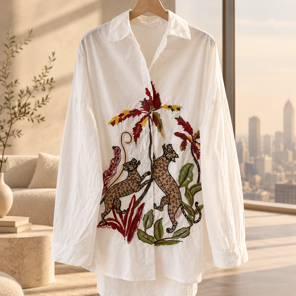 Chemisier jungle JH328097 – blouse oversize femme à motifs léopard et végétation tropicale, col classique et manches longues, style original bohème chic pour une tenue décontractée
