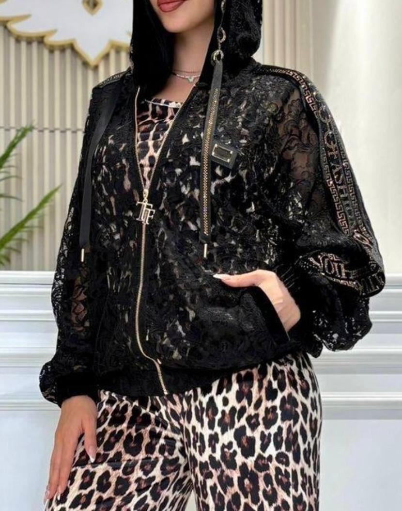 POPUP 9087 TATU PANTALON LÉOPARD BLOUSON DENTELLE NOIR
