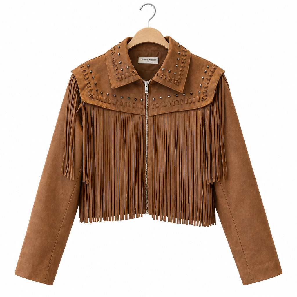 Blouson western LR2859 – veste courte femme en suédine camel avec longues franges sur le buste et le dos, rivets dorés et fermeture zippée, style bohème chic