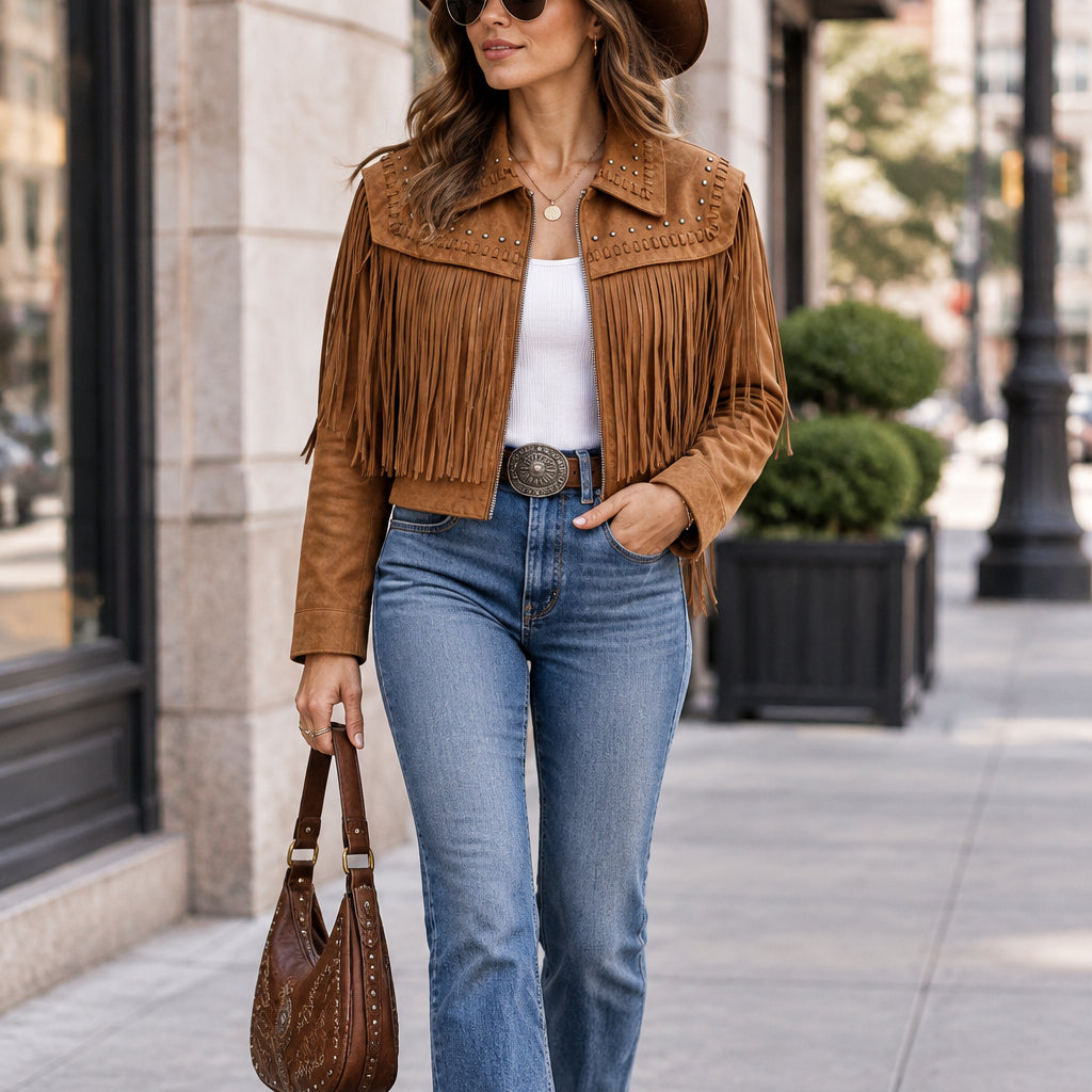 Blouson western LR2859 – veste courte femme en suédine camel avec longues franges sur le buste et le dos, rivets dorés et fermeture zippée, style bohème chic
