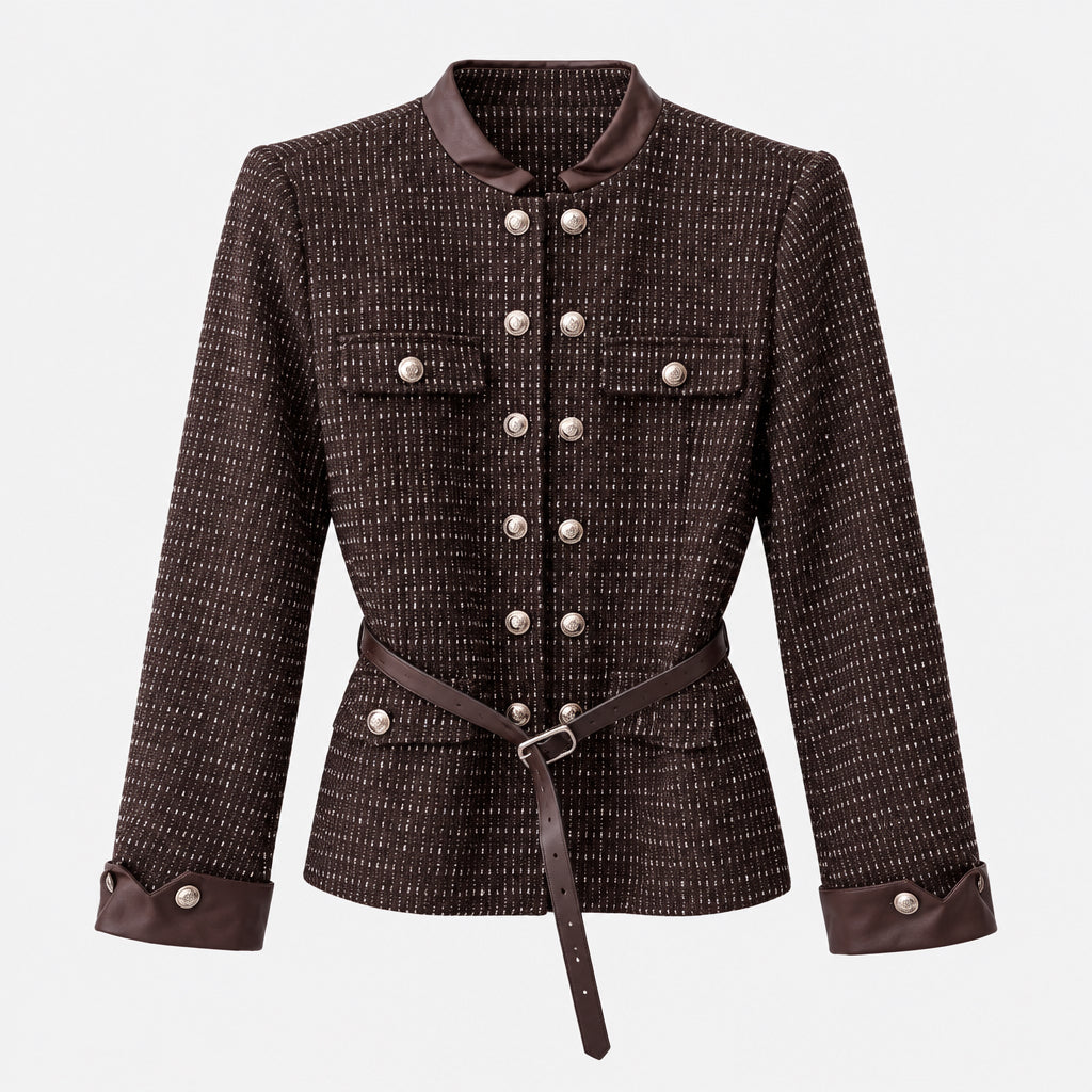 Veste tweed 51241 – veste femme cintrée avec ceinture à la taille, boutons dorés, poches plaquées et finitions contrastées, allure tailleur chic pour le quotidien