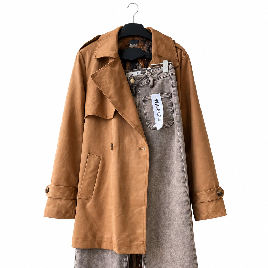 Trench suédine R64115 – manteau mi-long femme beige effet daim avec double boutonnage, col à revers et ceinture amovible, coupe élégante pour les tenues de mi-saison