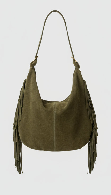 Sac EN DAIM à Franges en KAKIE pour Femme Style Bohème Chic avec Poignée Robuste Idéal pour Courses et Sorties