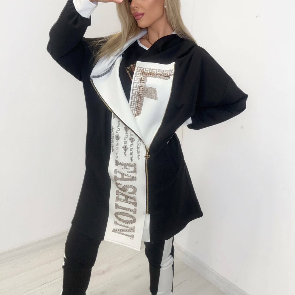 Paparazzi Fashion 0053 Ensemble graphique tenue femme trois pièces avec haut à motif diamant, gilet long à capuche et pantalon bicolore, détails noirs, blancs et dorés, taille unique annoncée du 38 au 44