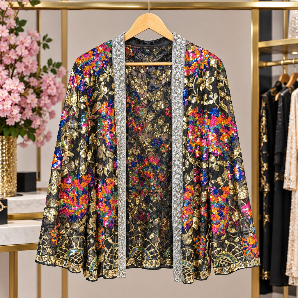 Kimono brodé 5696 – veste courte femme noire transparente à sequins et fleurs multicolores, bordures argentées, pièce lumineuse pour une tenue de soirée à superposer sur un haut uni pour un look habillé et original