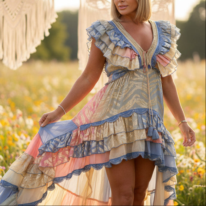 ROBE bohème chic à volants DU 36/42 PAP82 style high-low & détails dorés brilliants – idéale vacances, beach club & soirées été ✨ promenade estivale de luxe.Precommande février
