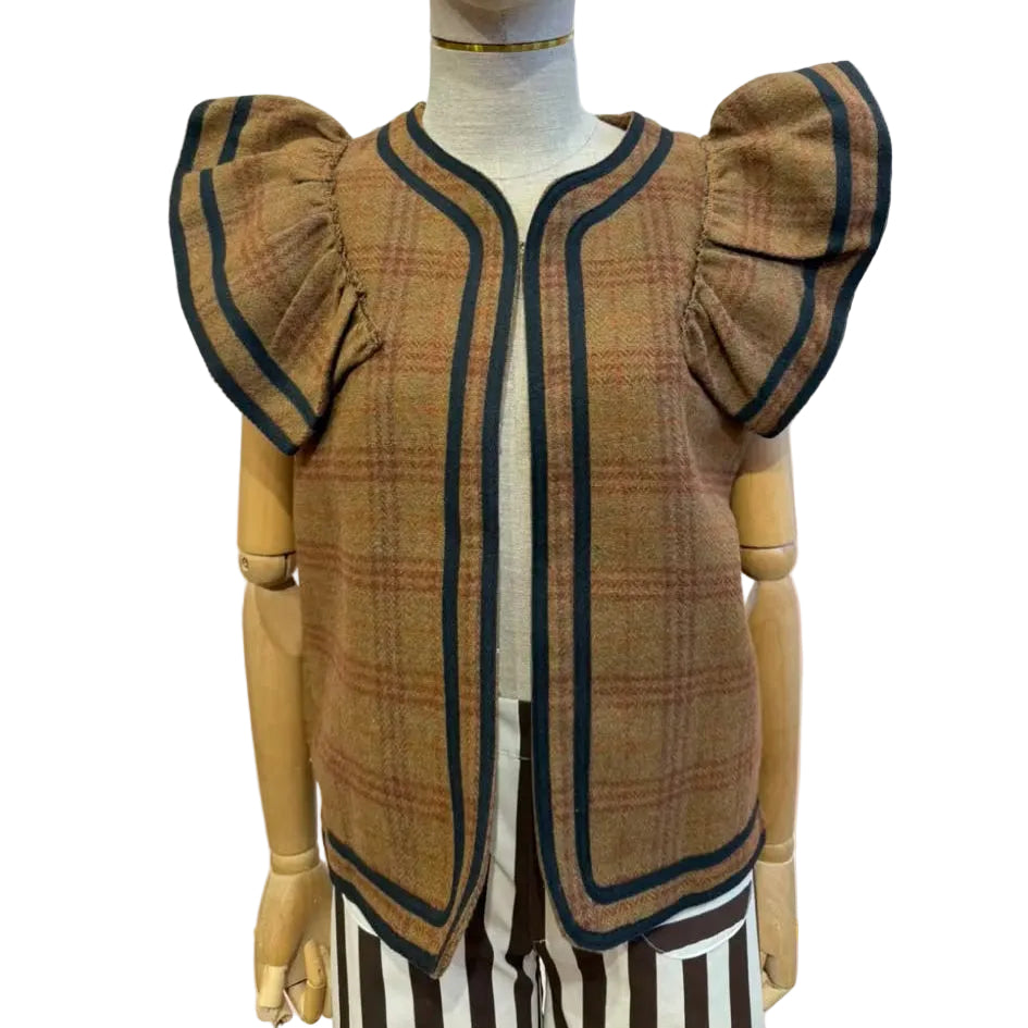 Gilet volanté 82162 – gilet sans manches gris à carreaux avec volants plissés aux épaules et bordures noires contrastées, coupe ouverte pour superposer sur une blouse ou un haut uni
