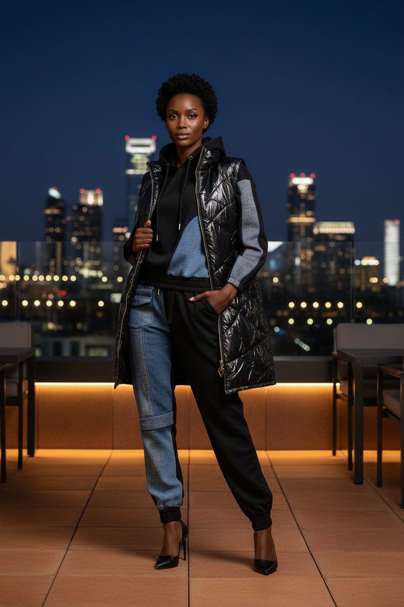 3639 CHARLIZE FASHION Ensemble jogging 3-pièces pantalon et haut jean et sweat avec doudoune matelassée noire brillante