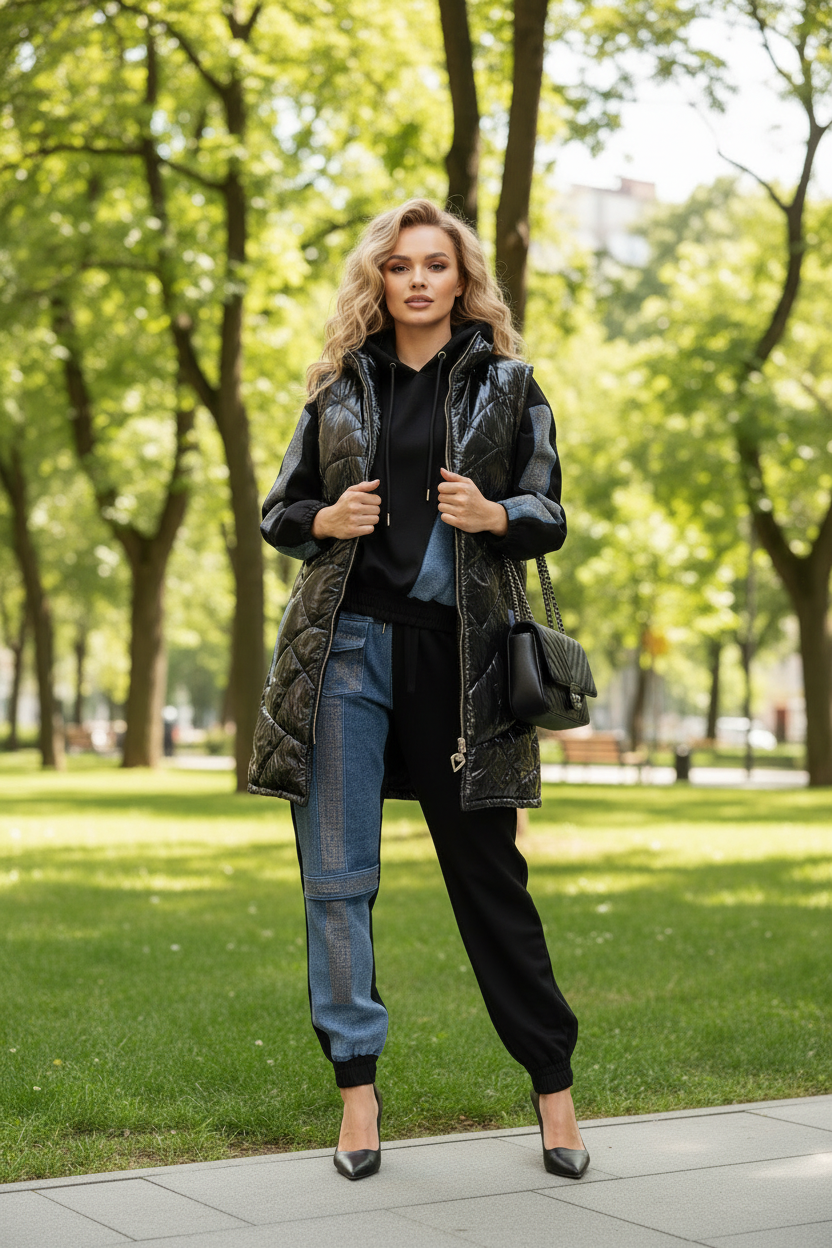 3639 CHARLIZE FASHION Ensemble jogging 3-pièces pantalon et haut jean et sweat avec doudoune matelassée noire brillante