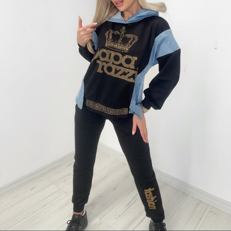 PAPARAZZI 0045 Ensemble 2 pièces jogging noir premium avec capuche en denim et détails dorés, survêtement chic orné d&