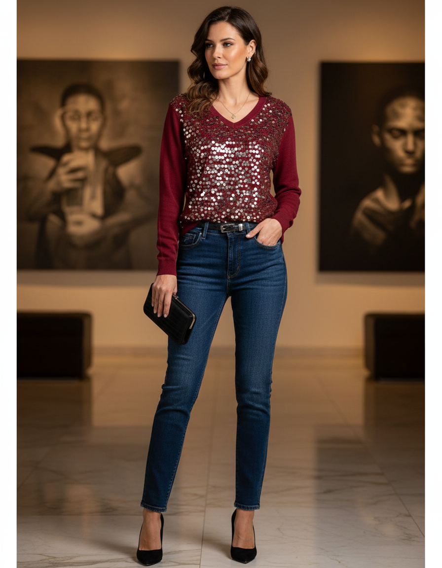 0519 top col V sequins en élasthanne confortable et ajusté pour le quotidien ou les sorties