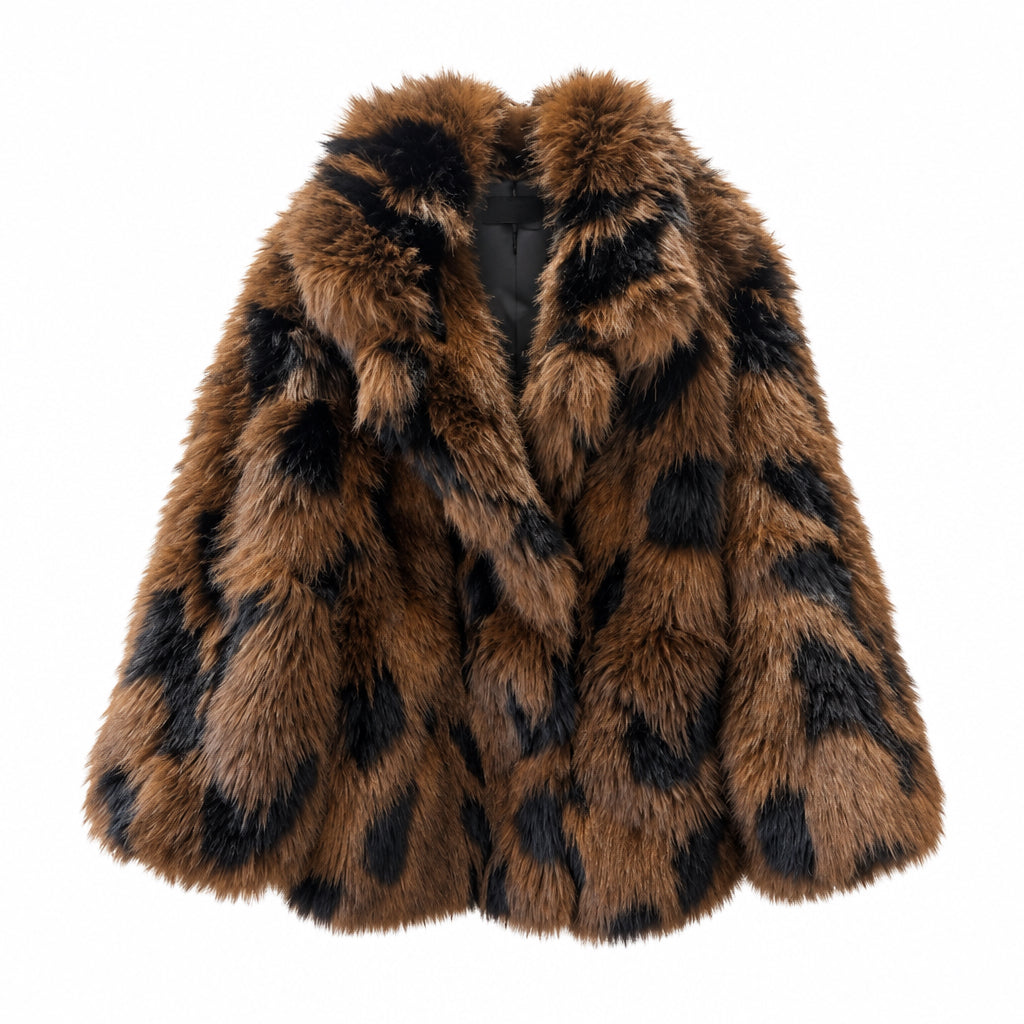 Veste fourrure CA8782 – veste courte femme en fausse fourrure à effet tacheté, grand col à revers et coupe ample, pièce douce au style glamour pour l&