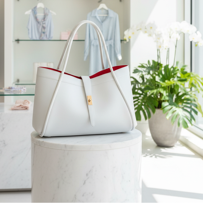 SAC A MAIN 5934 L’élégance intemporelle ces sacs présentent un design radicalement différent : un cuir grainé, une forme trapèze souple, une fermeture par bride centrale avec un fermoir rotatif métallique et un intérieur contrasté 42cmL/24cmH/18cmP