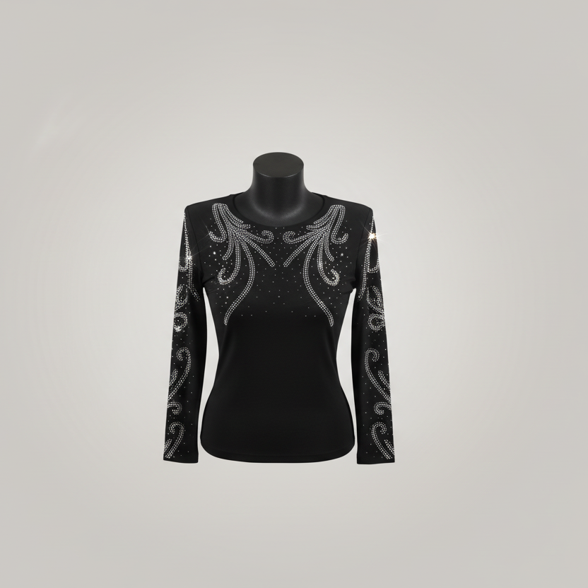 Top arabesques 2254 – haut femme en viscose et élasthanne, manches ajourées et motifs en strass argentés, coupe élégante pour composer une tenue chic avec un pantalon, une jupe ou un jean