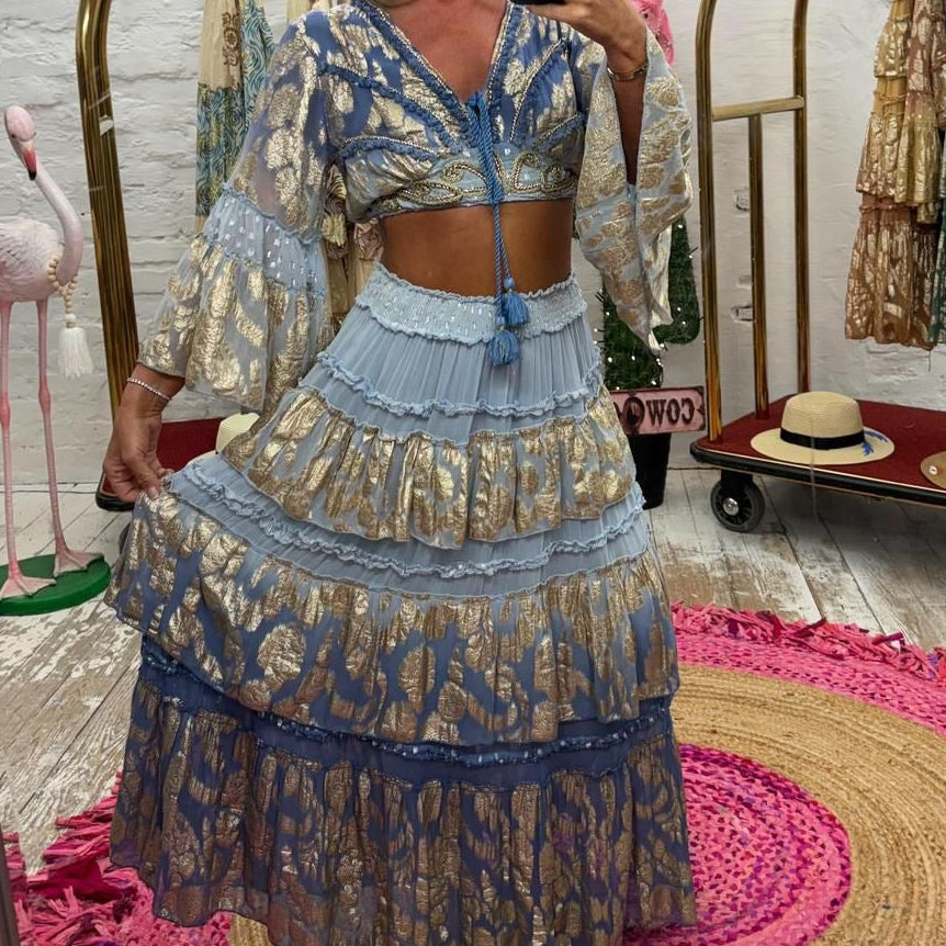 BOHEME CHIC ensemble 2 pièces TAILLE 36/40 PAP22 : crop top & jupe longue à volants – imprimés dorés scintillants et finitions dentelle – 3 coloris d&