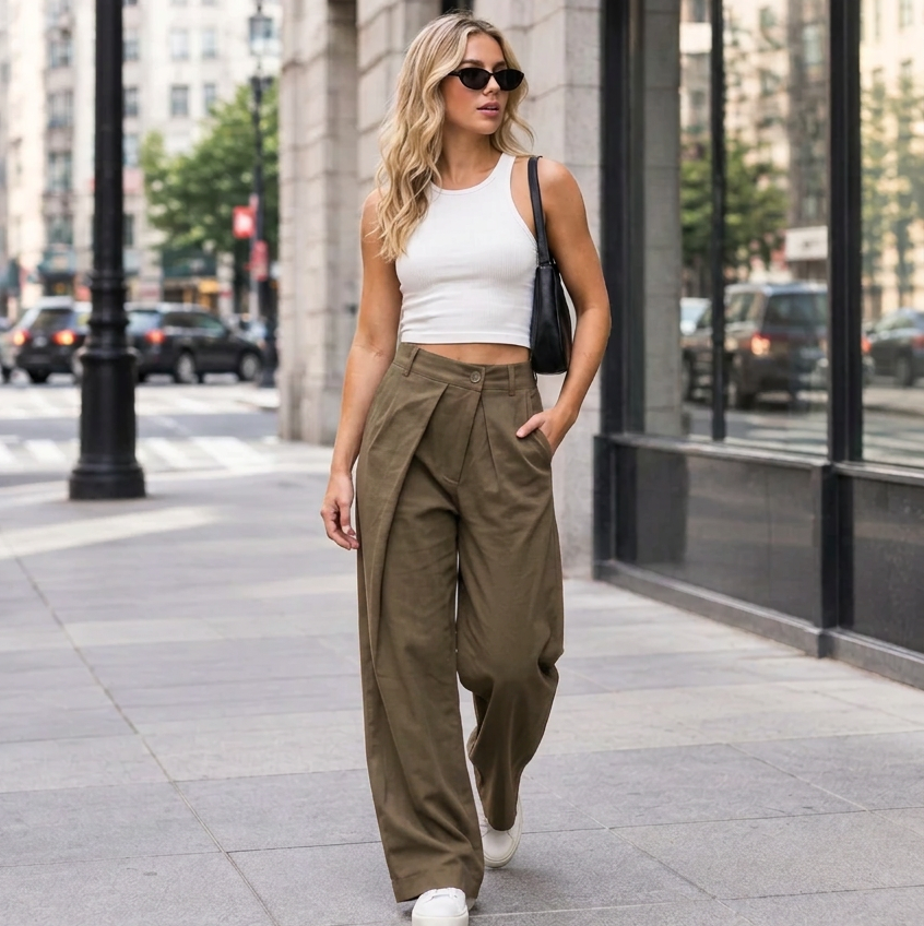 Pantalon paréo 12942 – pantalon femme large et fluide à taille haute, devant asymétrique avec bouton latéral et jambes évasées, allure chic originale à associer avec un chemisier ou un haut uni pour une silhouette moderne