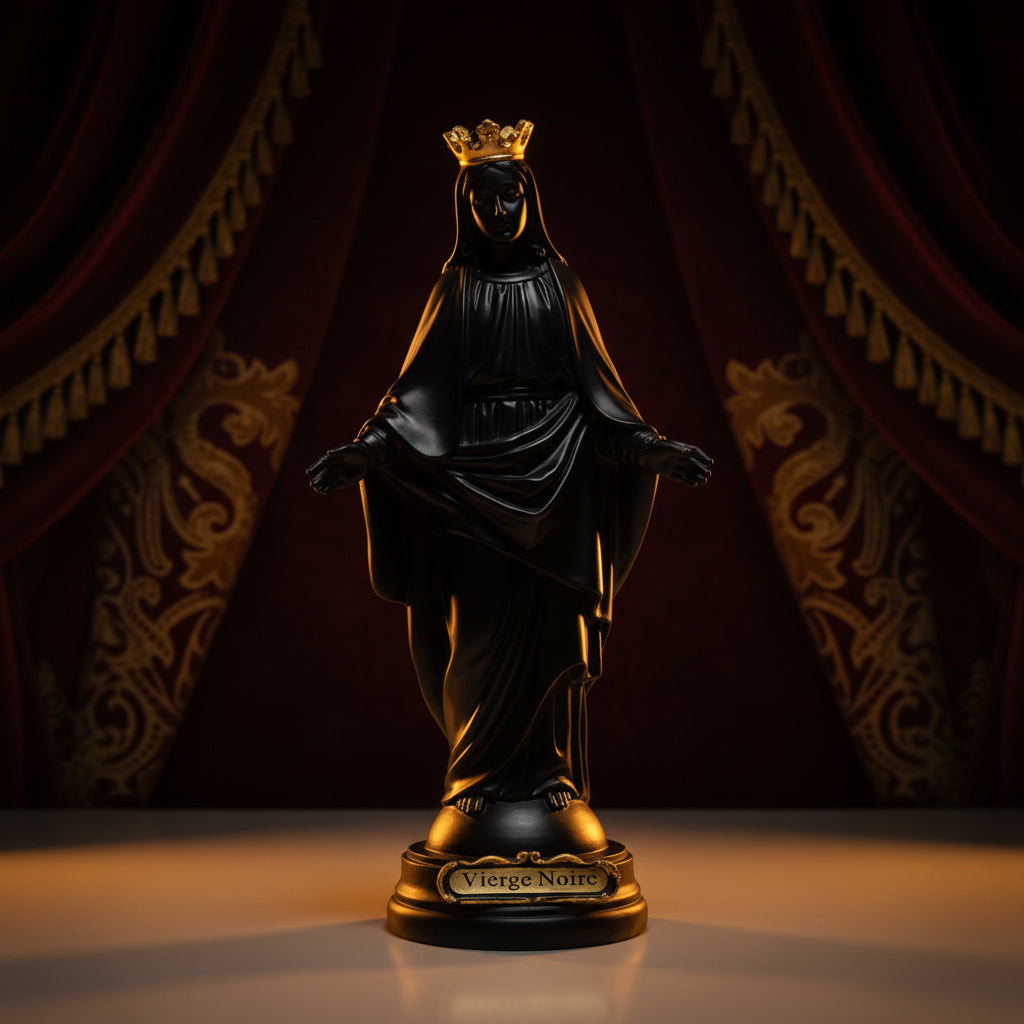 statuette religieuse de la vierge noire de 21 cm bénie par un prêtre de lourdes, passée sous la grotte des apparitions, objet spirituel chargé de dévotion mariale authentique en provenance directe de lourdes