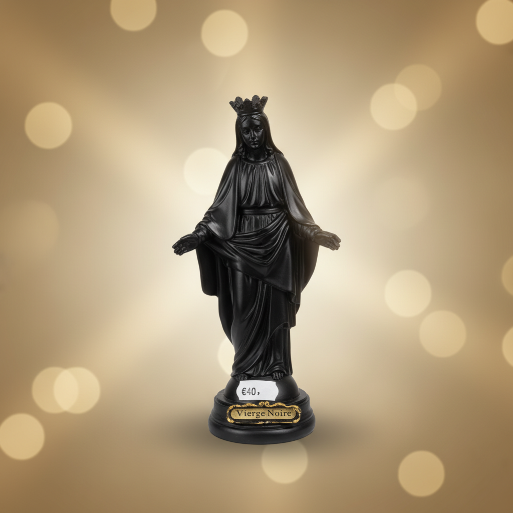 statuette religieuse de la vierge noire de 21 cm bénie par un prêtre de lourdes, passée sous la grotte des apparitions, objet spirituel chargé de dévotion mariale authentique en provenance directe de lourdes