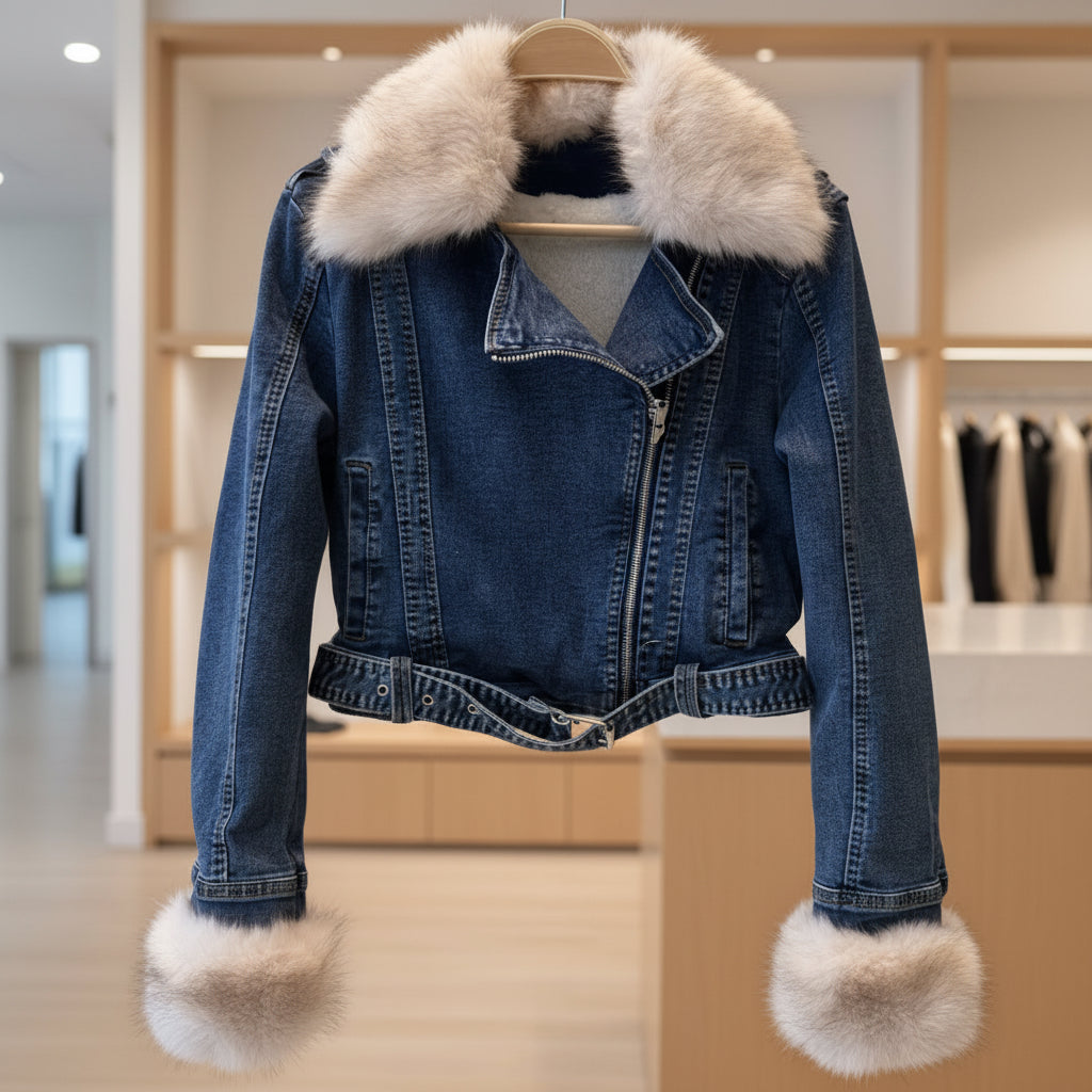 Perfecto denim 001 – veste courte femme en jean bleu délavé avec col et poignets en fausse fourrure beige, fermeture zippée asymétrique et ceinture ajustable, style rock chic automne hiver